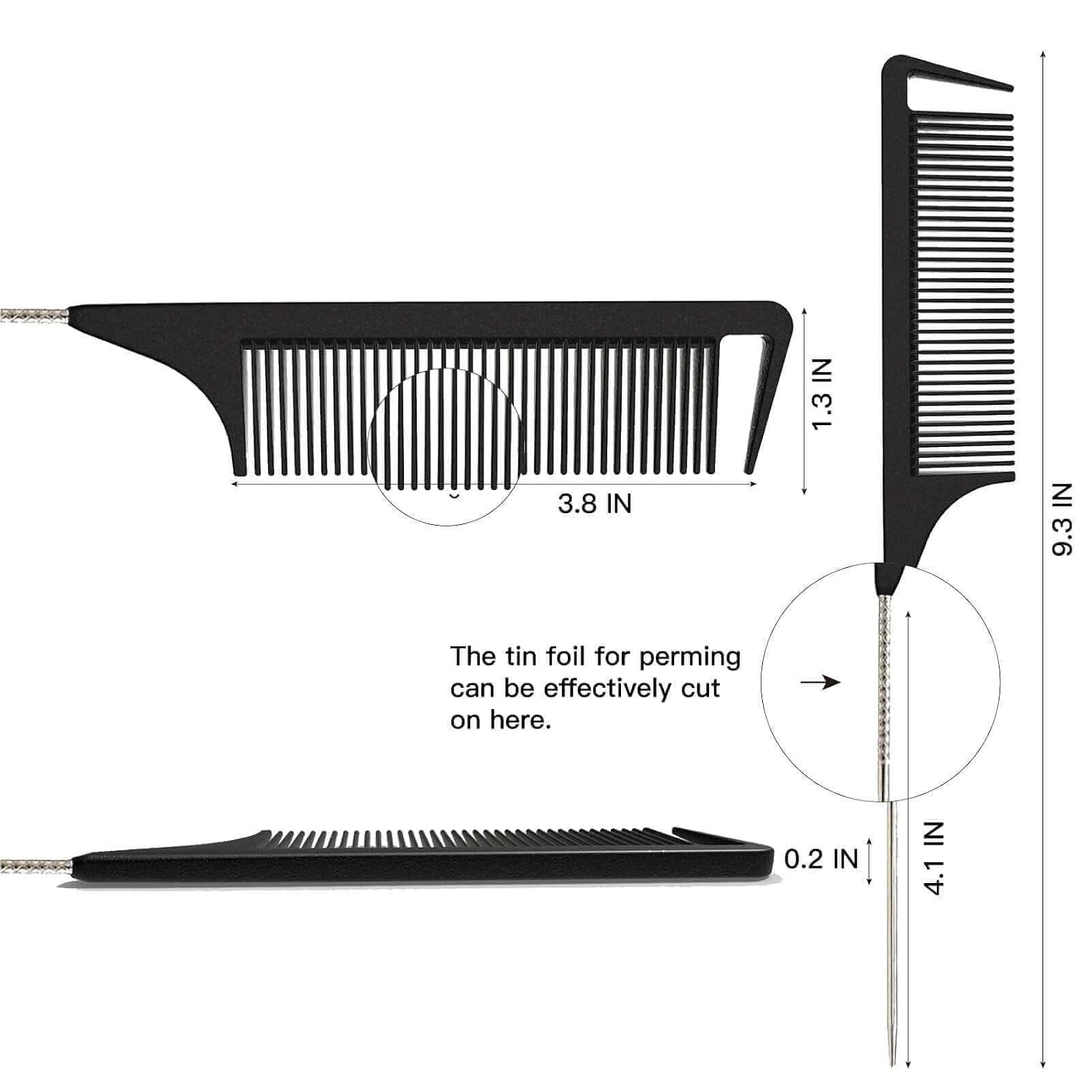 Hair Comb, Rat Tail Comb for Braiding Hair, Fine Tooth Hair Comb with Stainless Steel Pintail for Sectioning, Parting and Styling - Black | Fine Teeth, Precise Hair Sectioning, Braiding, Weaving, Hair Coloring, Lightweight, Comfortable Grip